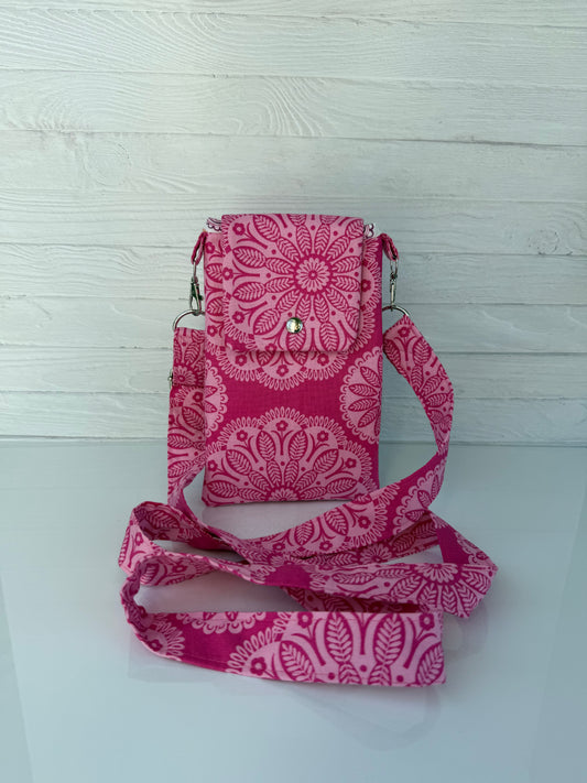 Handmade Crossbody Cell Phone Bag in Pink Floral Print- Small Travel Purse