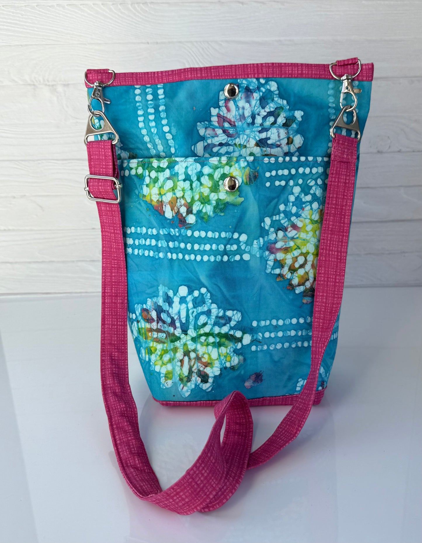 Handmade batik crossbody bag close-up