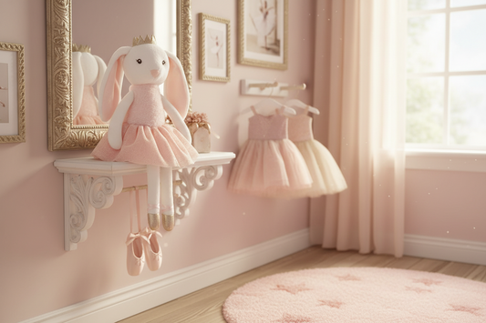Plush toy rabbit in a pink dress with a gold crown on a white background
