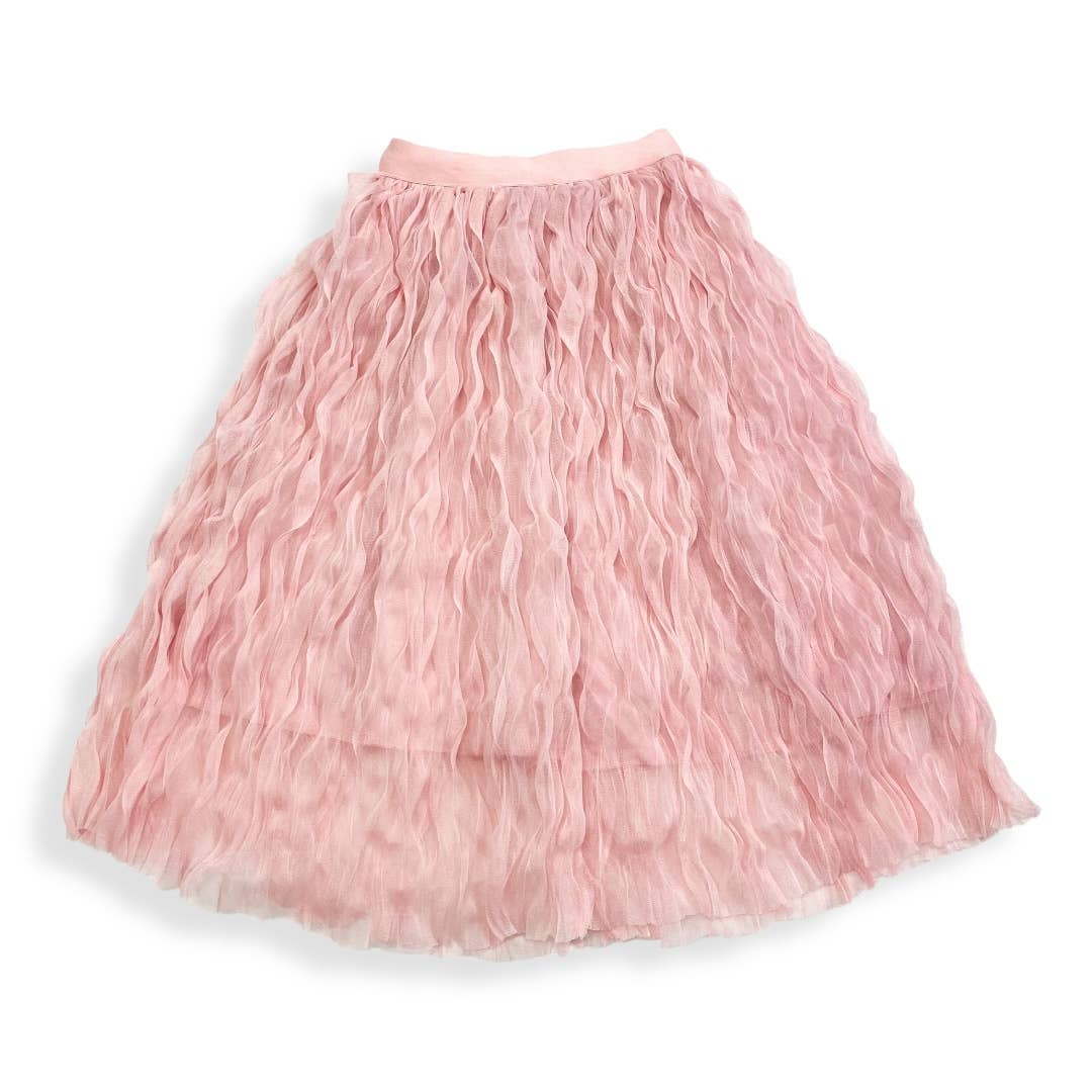 Pink wavy mesh midi skirt on model by Doe a Dear