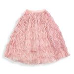 Pink wavy mesh midi skirt on model by Doe a Dear