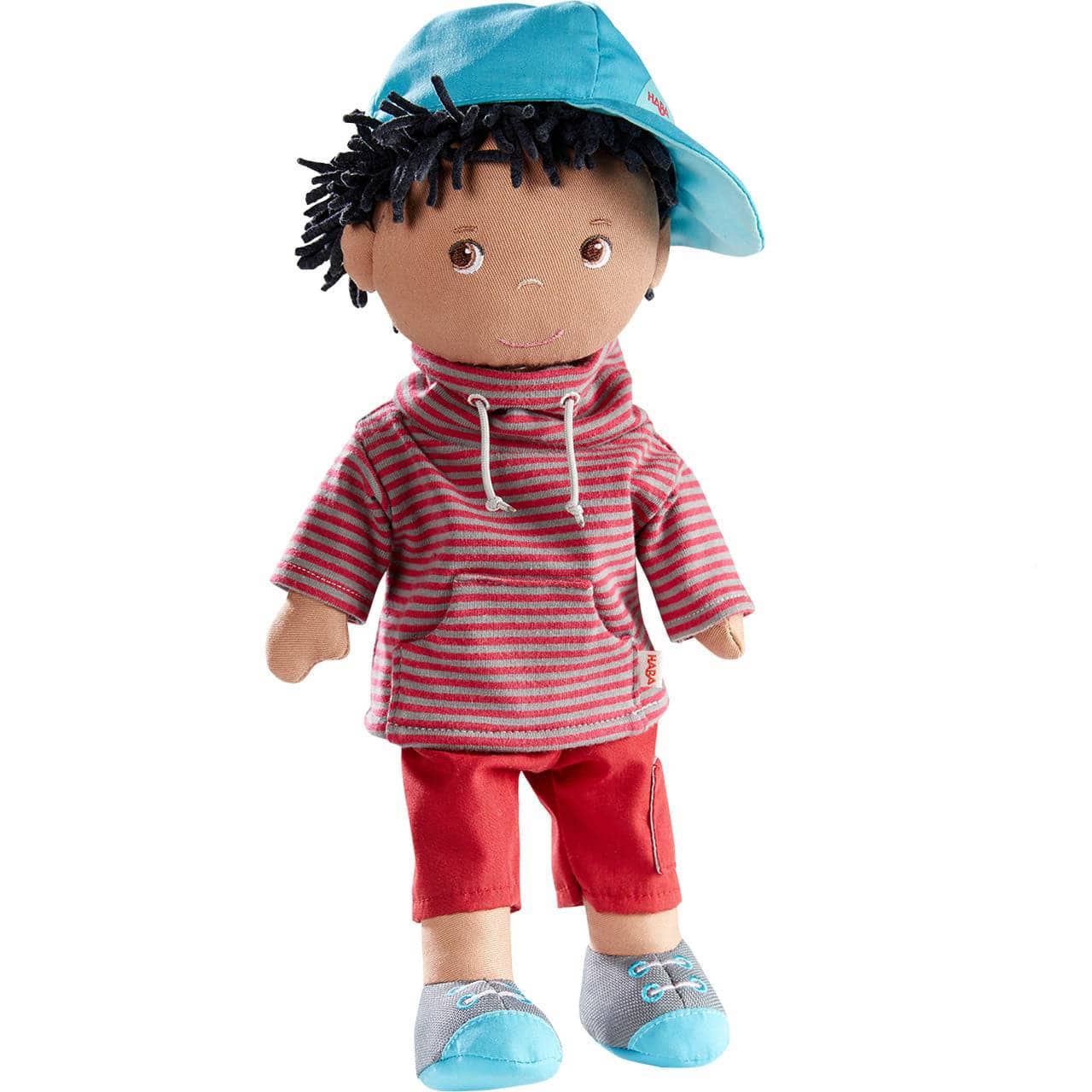William soft doll 12" red shirt red pants by HABA USA