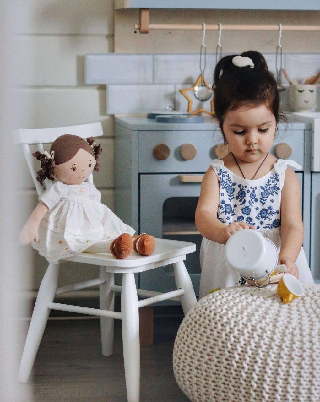 Amelia doll light brown hair pink linen dress by Tikiri Toys