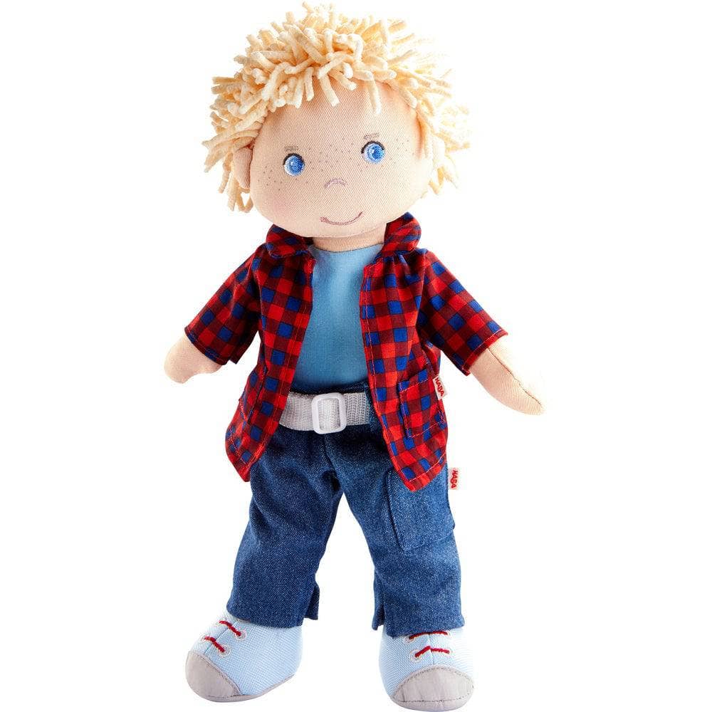 Nick soft doll 12" jeans red plaid shirt by HABA USA