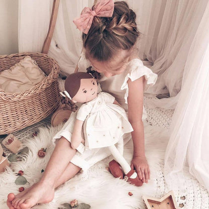 Tikiri Toys LLC - Cecilia Dk. Brown Hair in Cream Linen Dress with Display Box