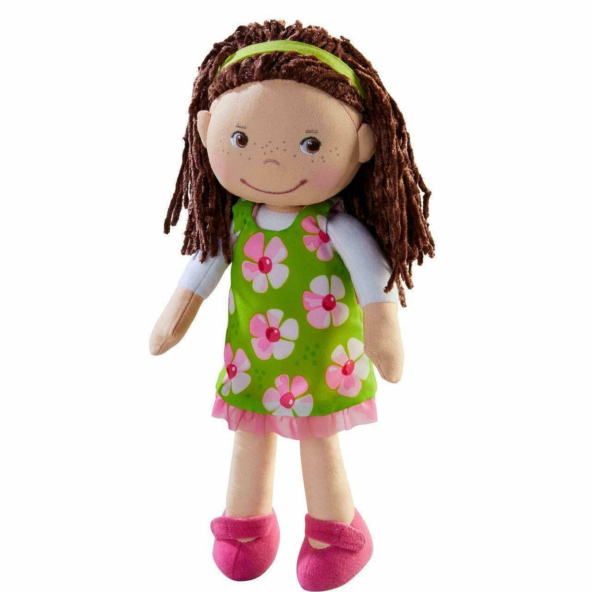 Coco soft doll 12" green flowered dress by HABA USA