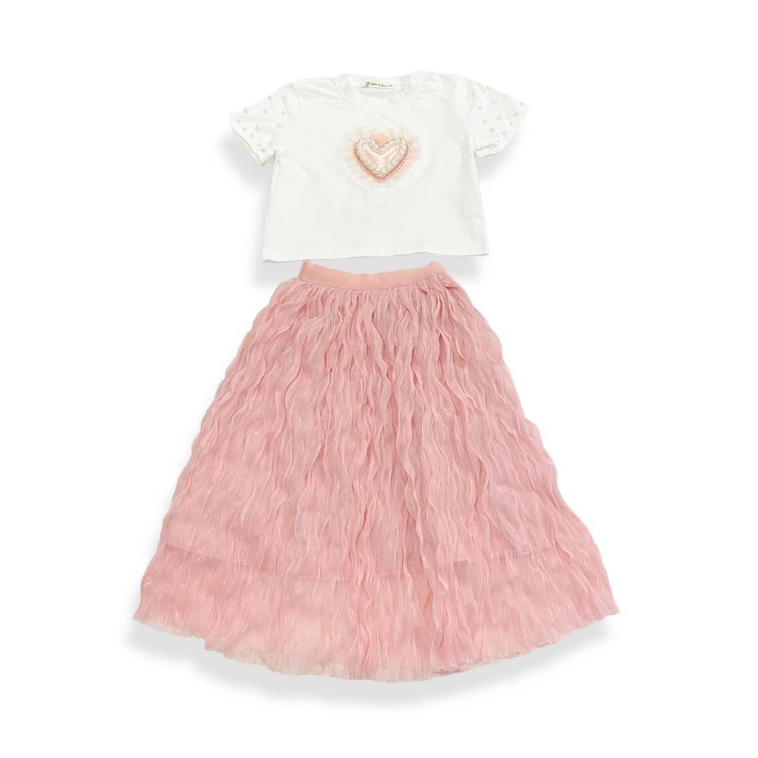 Pink wavy mesh midi skirt twirl view by Doe a Dear