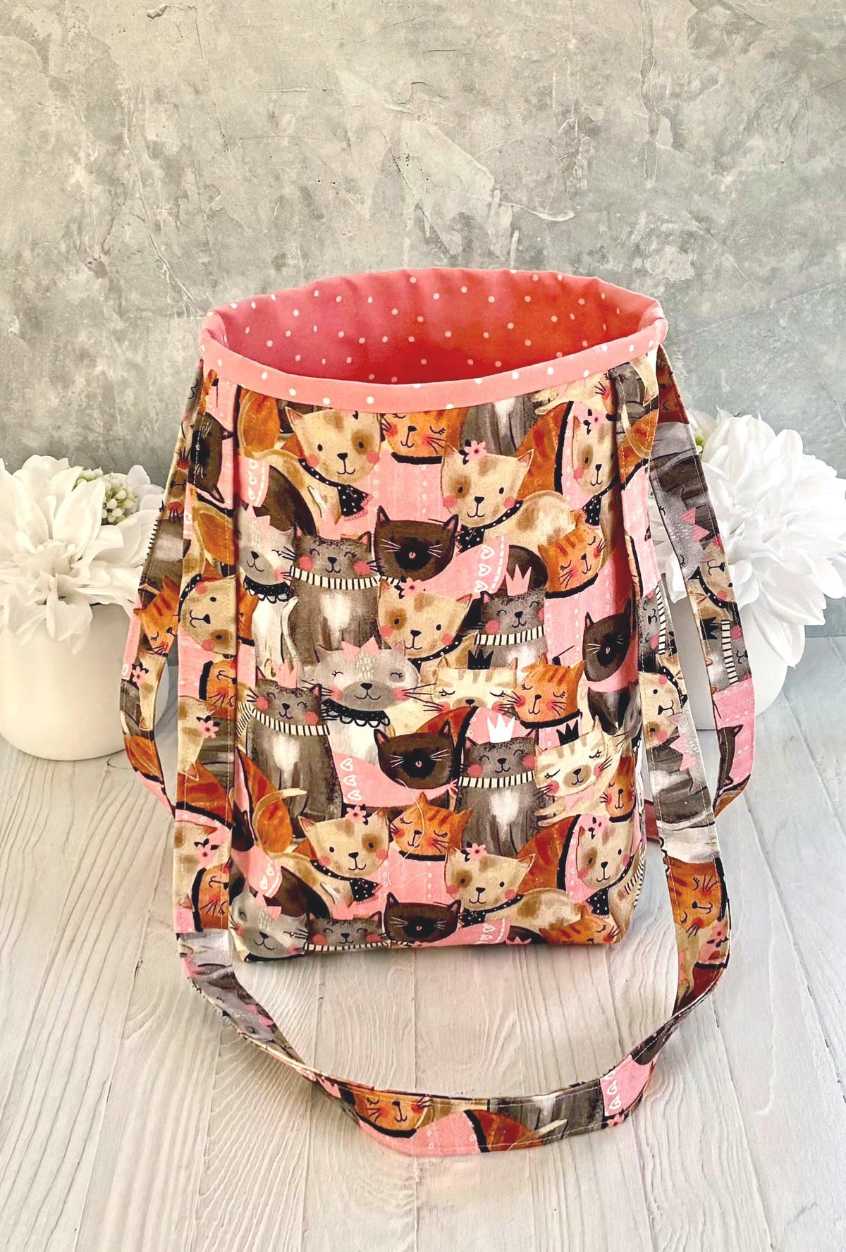 Handmade cat print tote bag side view