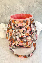 Handmade cat print tote bag side view