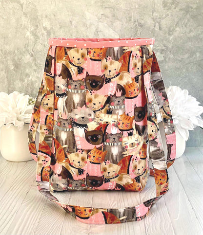 Handmade Cat Print Shoulder Bag- Cat Print Tote for Toys and Plushies