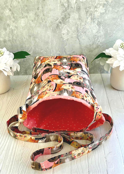 Handmade Cat Print Shoulder Bag- Cat Print Tote for Toys and Plushies