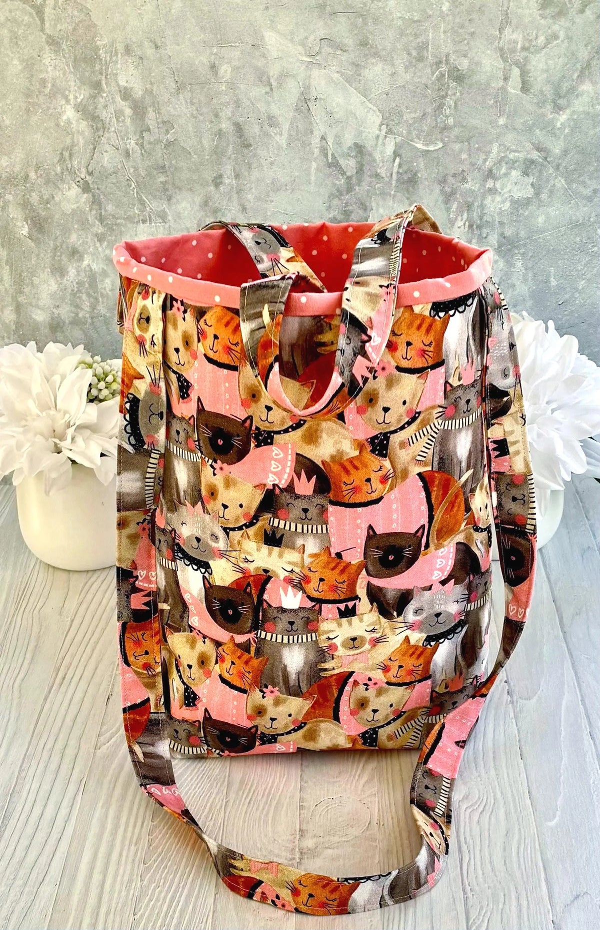 Handmade cat print tote bag interior