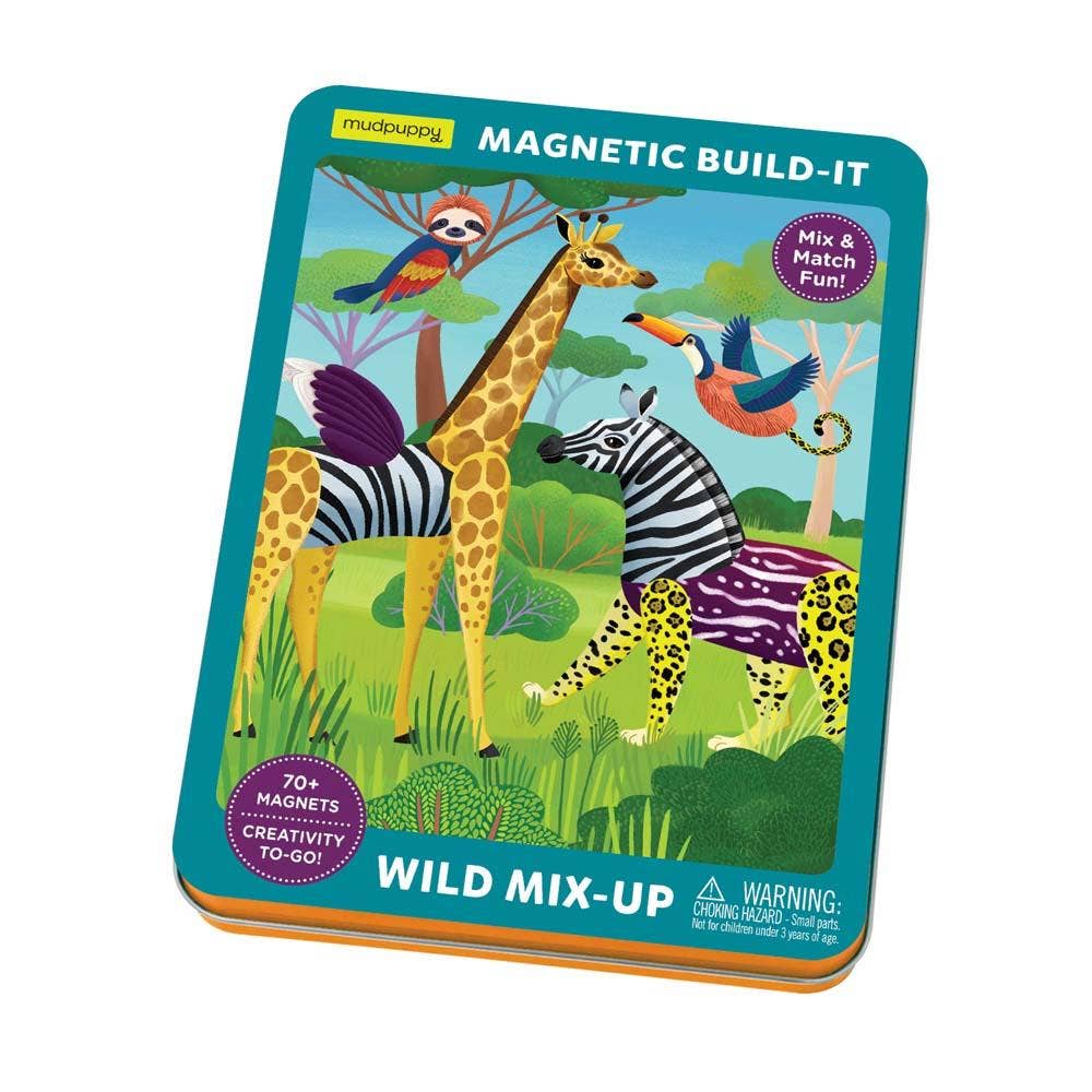 Magnetic build-it toy set packaging with animals and trees on a white background