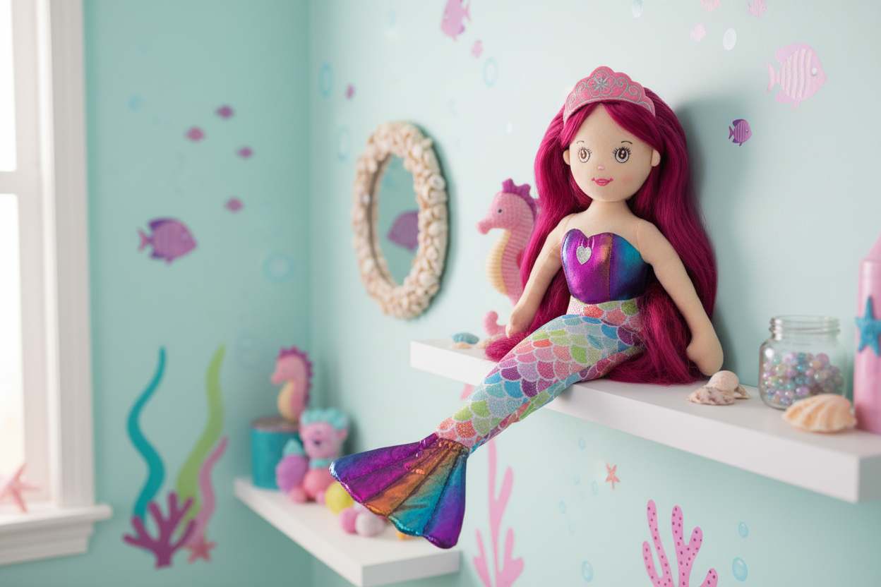 Mermaid doll with colorful tail and pink crown on a white background