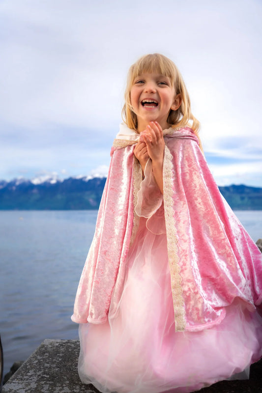 Deluxe pink princess cape sizes 7-8 on model by Great Pretenders