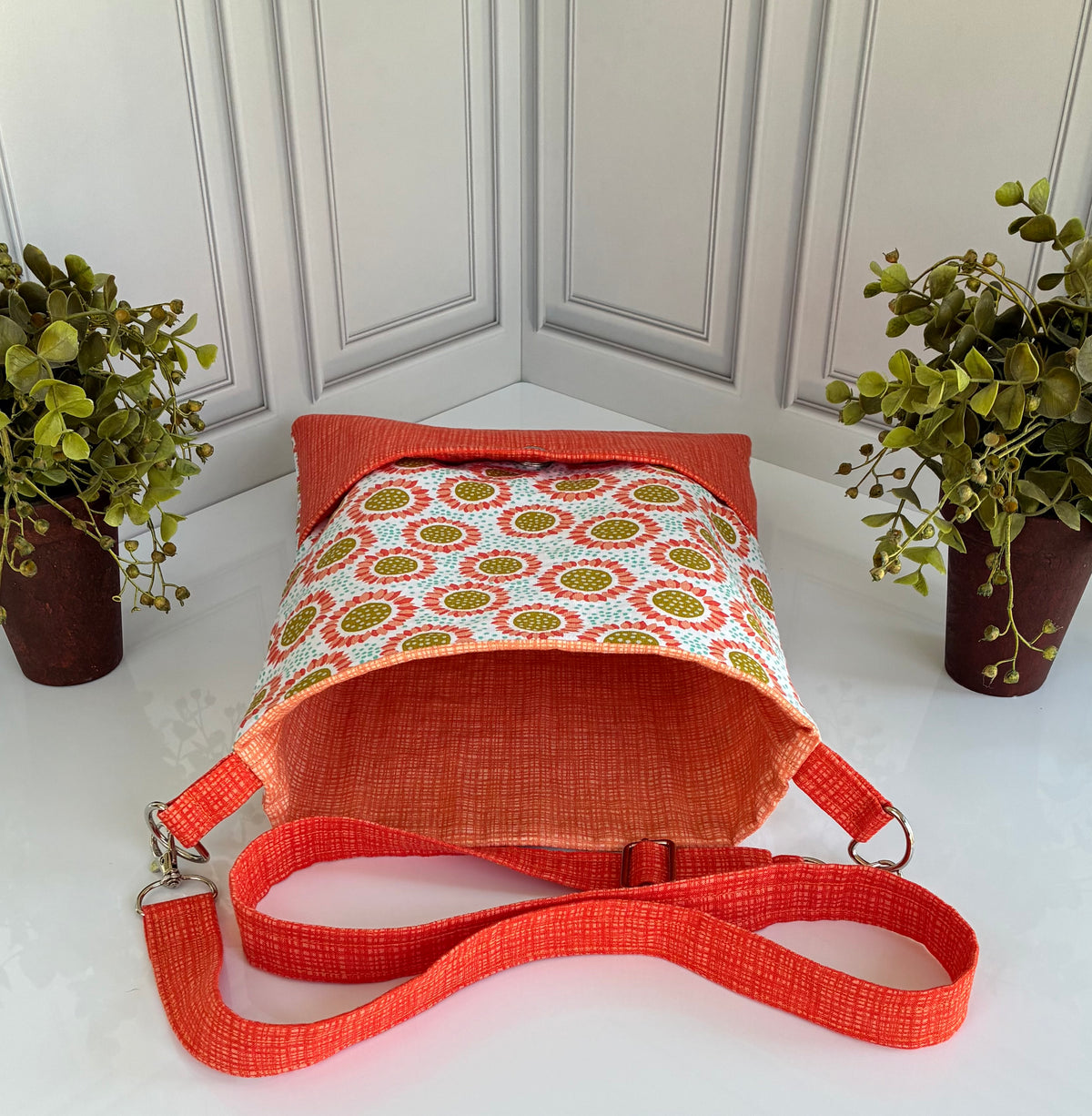 Handmade sunflower crossbody bag open
