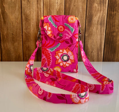 Handmade Crossbody Phone Bag- Bright Pink Floral Crossbody- Quilted Crossbody Bag
