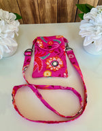 Handmade bright pink quilted crossbody bag detail