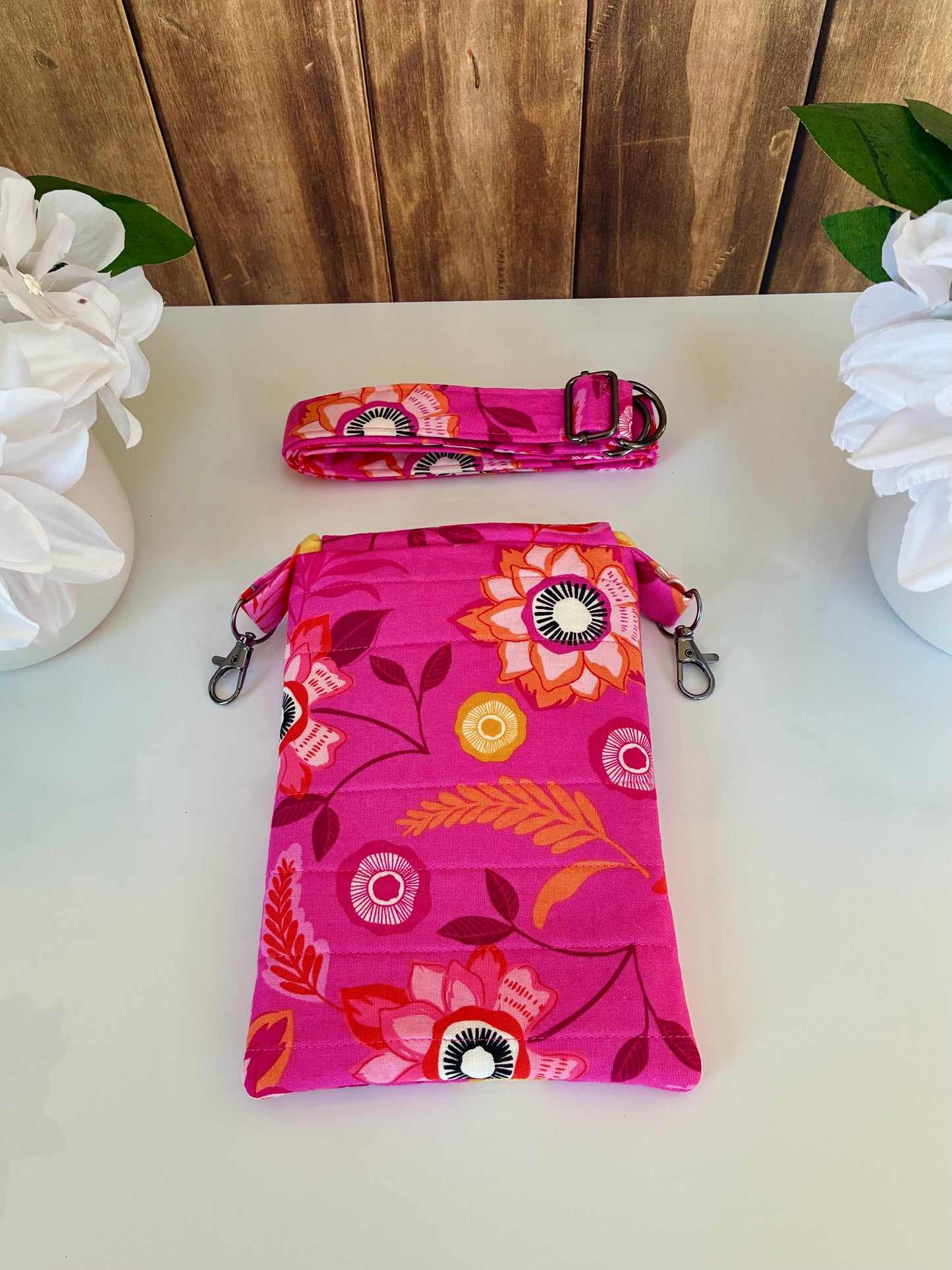 Handmade Crossbody Phone Bag- Bright Pink Floral Crossbody- Quilted Crossbody Bag