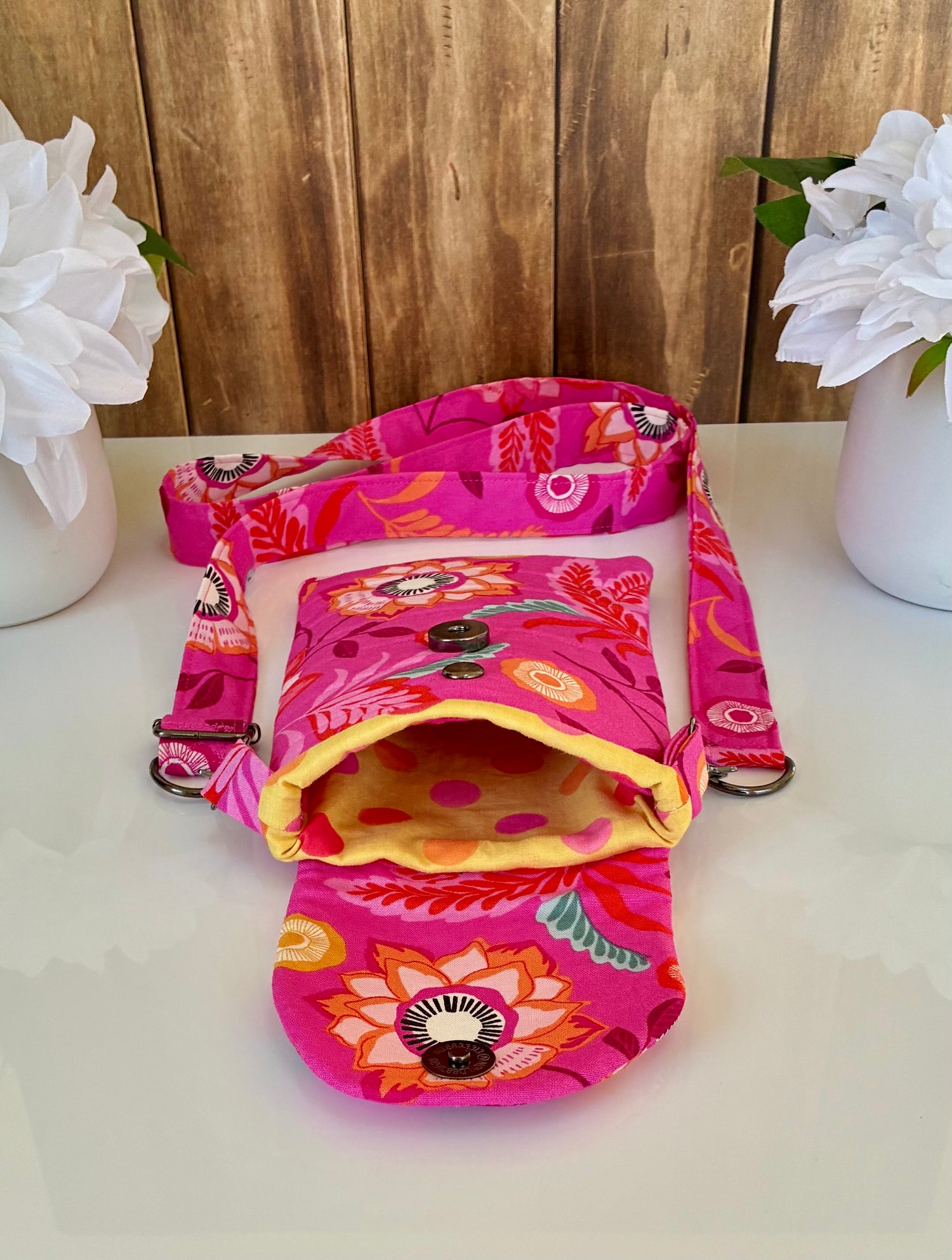 Handmade bright pink quilted crossbody bag side view