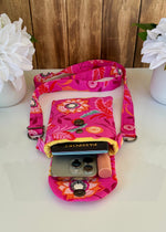 Handmade bright pink floral quilted crossbody bag
