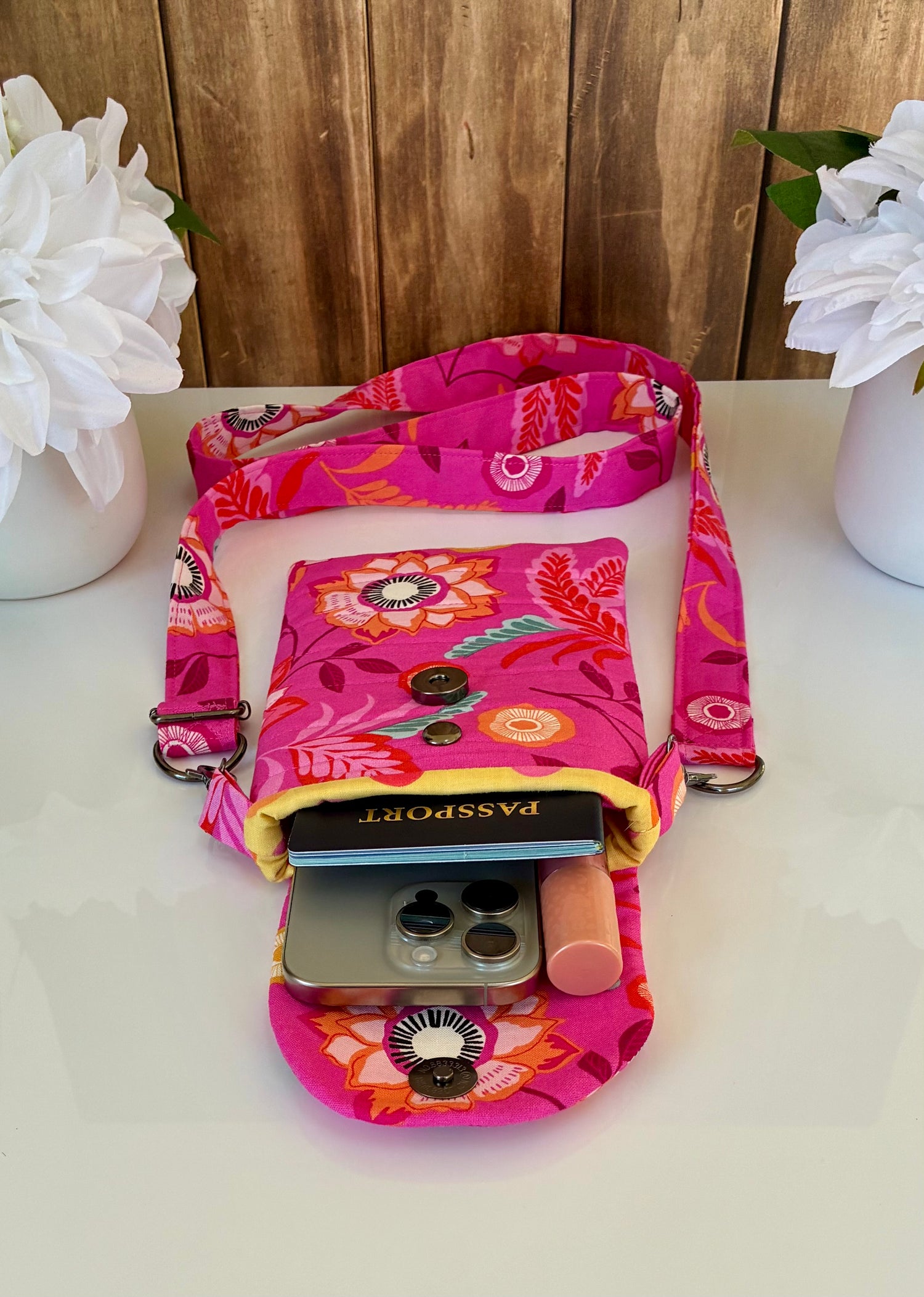 Handmade bright pink floral quilted crossbody bag