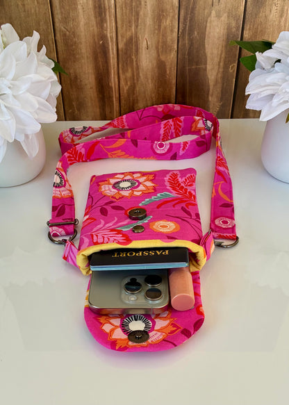 Handmade Crossbody Phone Bag- Bright Pink Floral Crossbody- Quilted Crossbody Bag