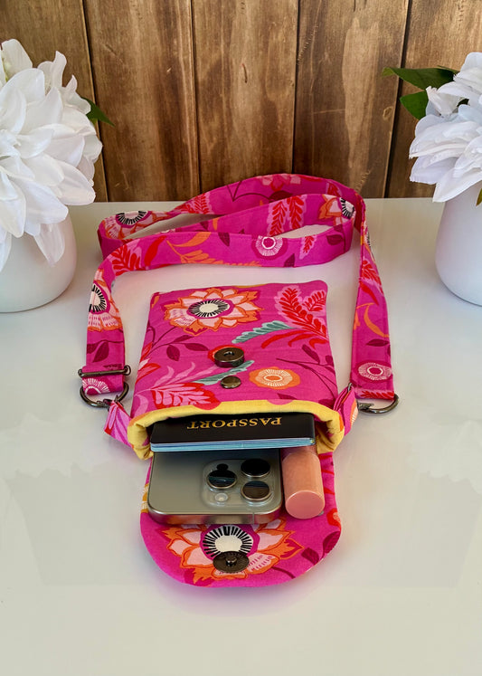 Handmade Crossbody Phone Bag- Bright Pink Floral Crossbody- Quilted Crossbody Bag