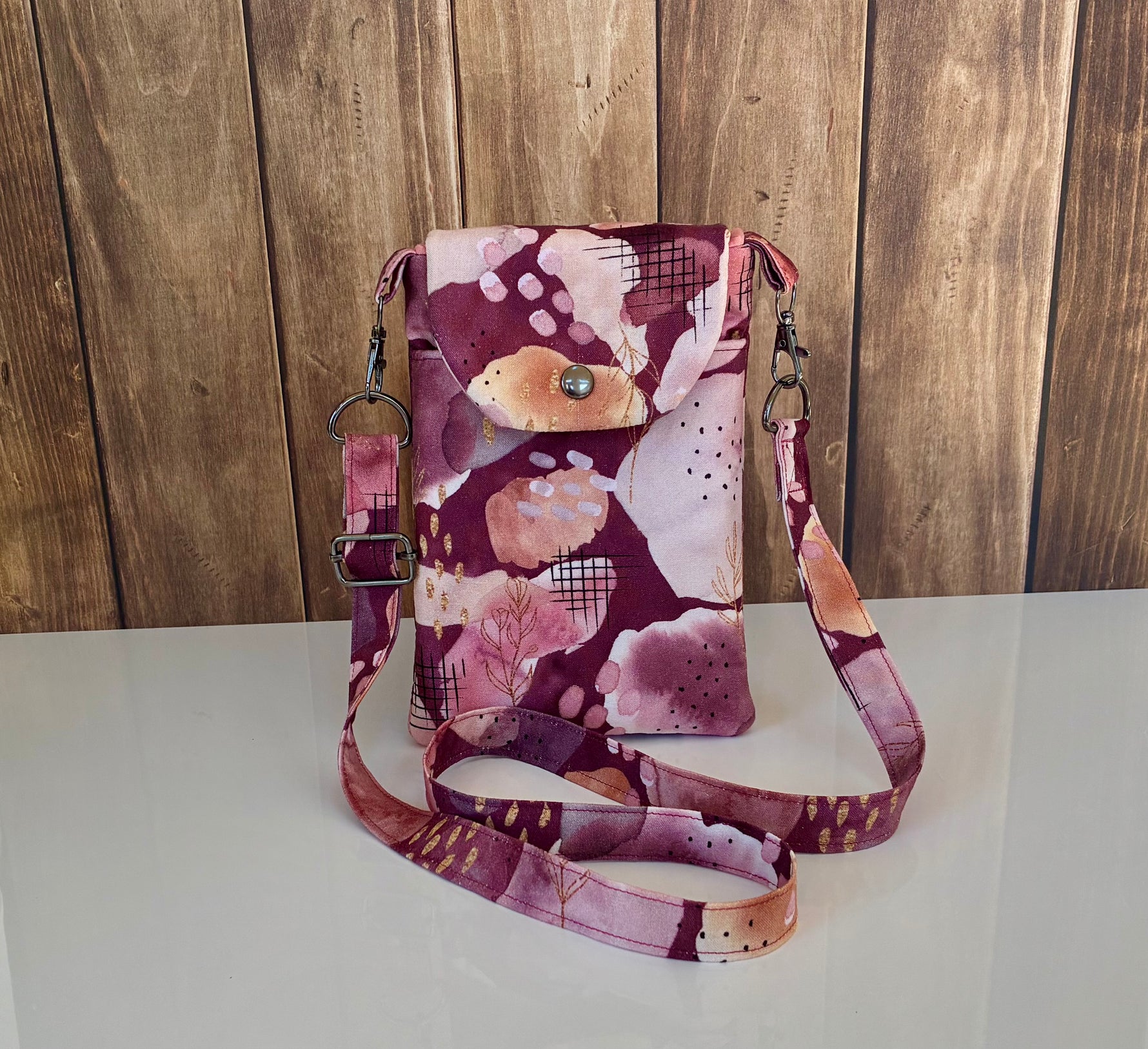 Handmade crossbody phone bag side view