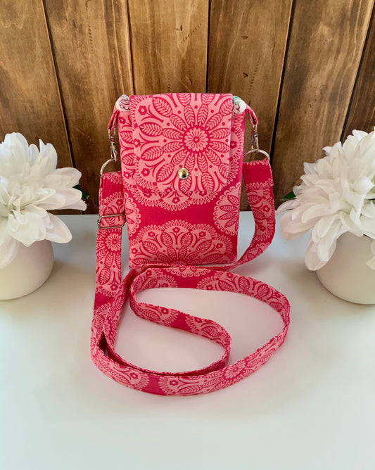 Handmade Crossbody Cell Phone Bag in Pink Floral Print- Small Travel Purse