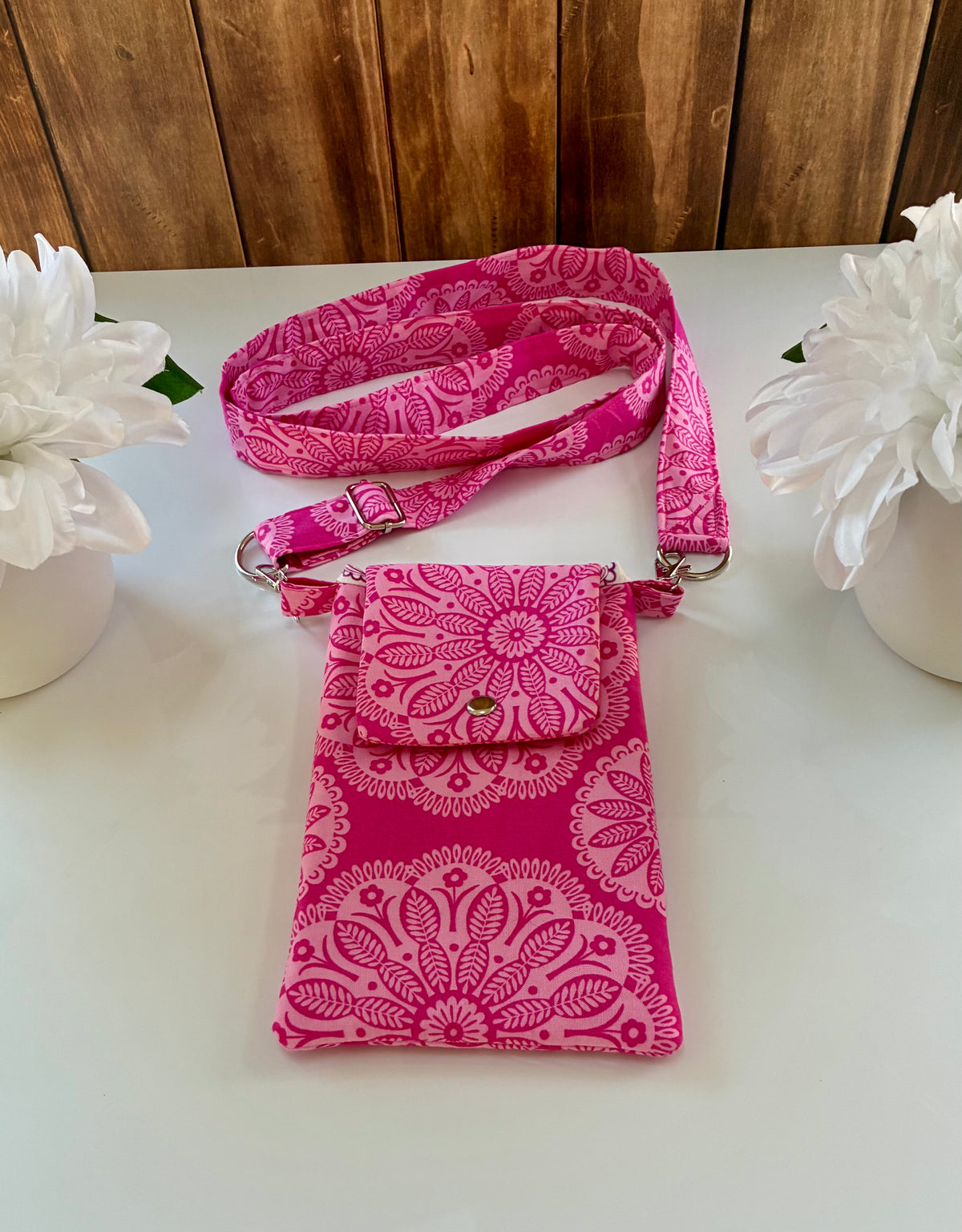 Handmade pink floral crossbody bag close-up