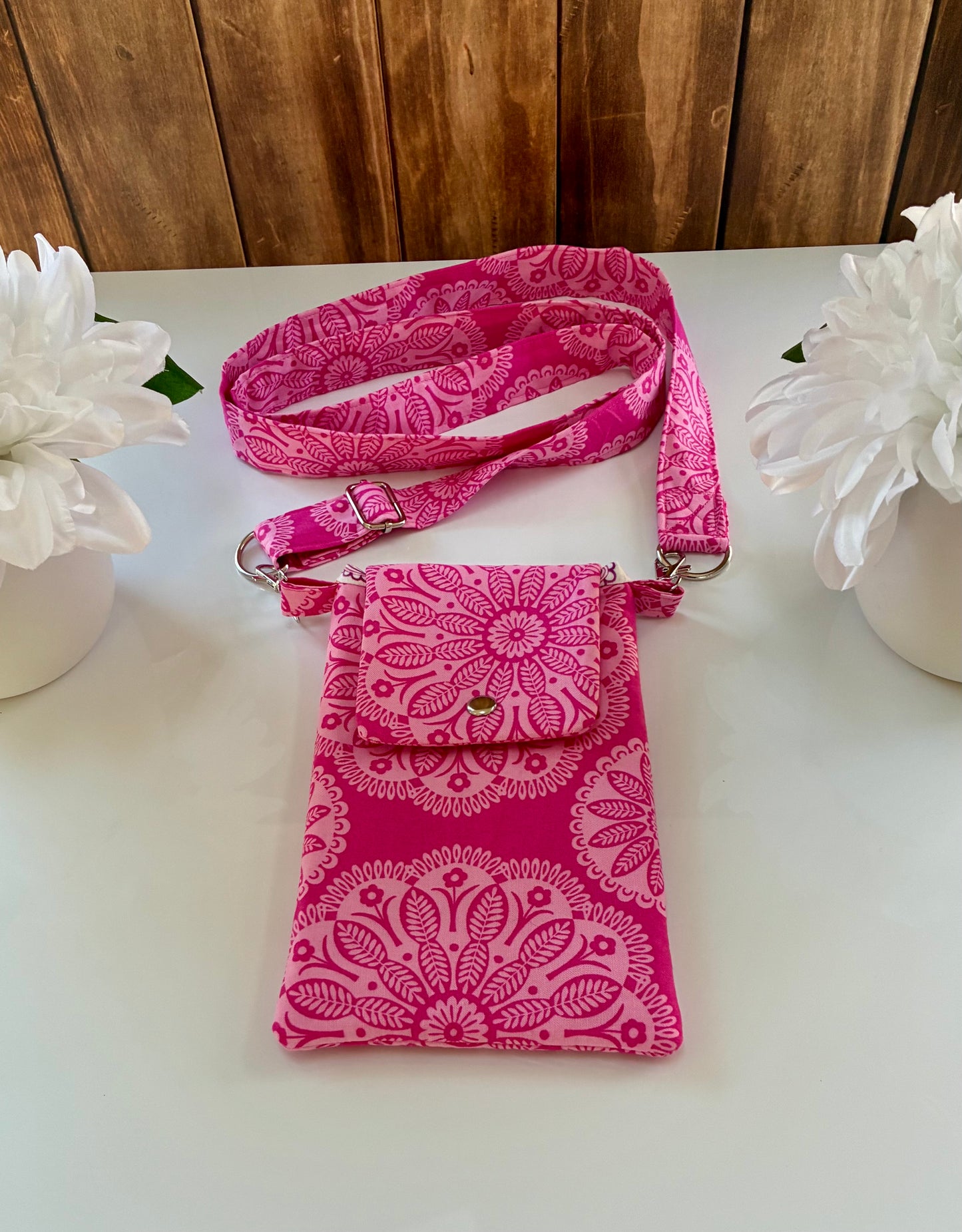 Handmade Crossbody Cell Phone Bag in Pink Floral Print- Small Travel Purse