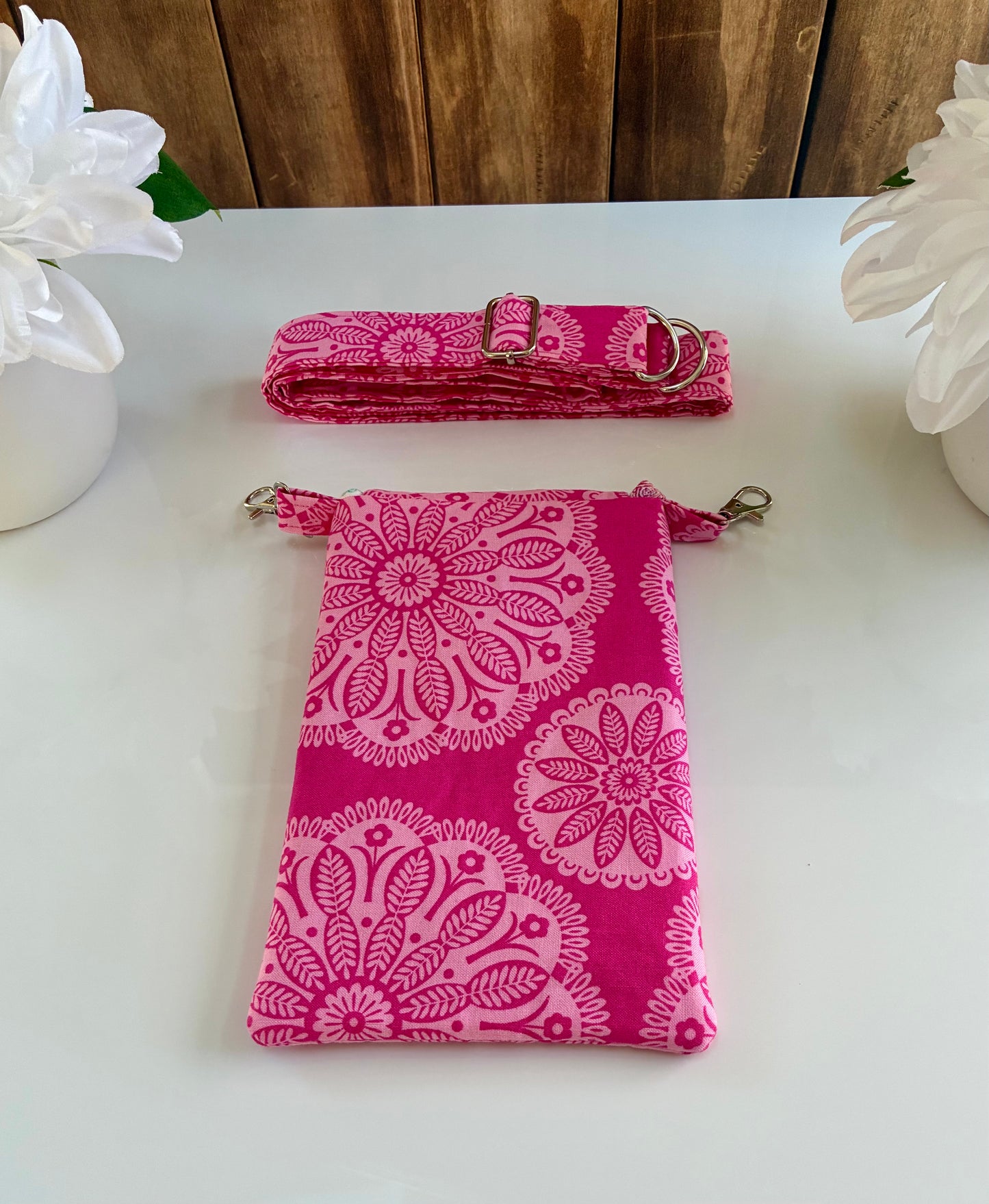 Handmade Crossbody Cell Phone Bag in Pink Floral Print- Small Travel Purse