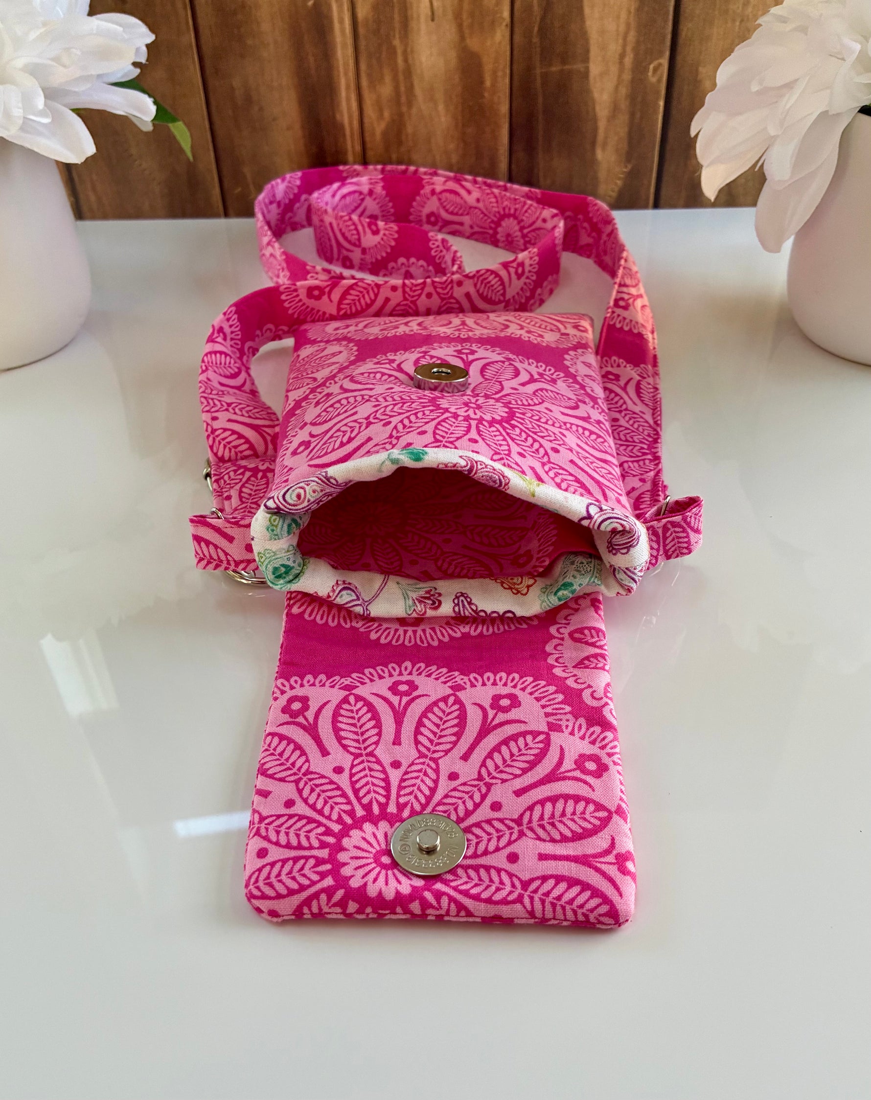 Handmade pink floral crossbody bag interior