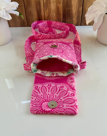 Handmade Crossbody Cell Phone Bag in Pink Floral Print- Small Travel Purse