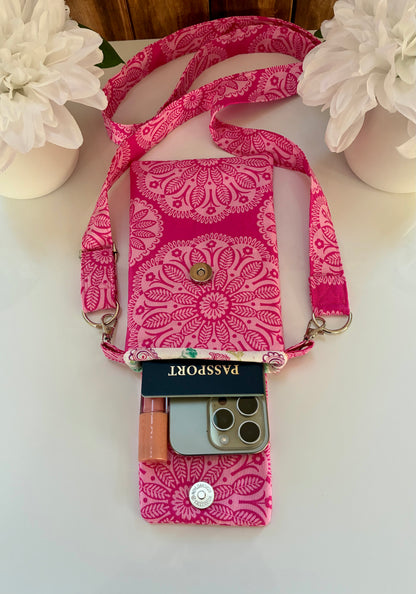 Handmade Crossbody Cell Phone Bag in Pink Floral Print- Small Travel Purse