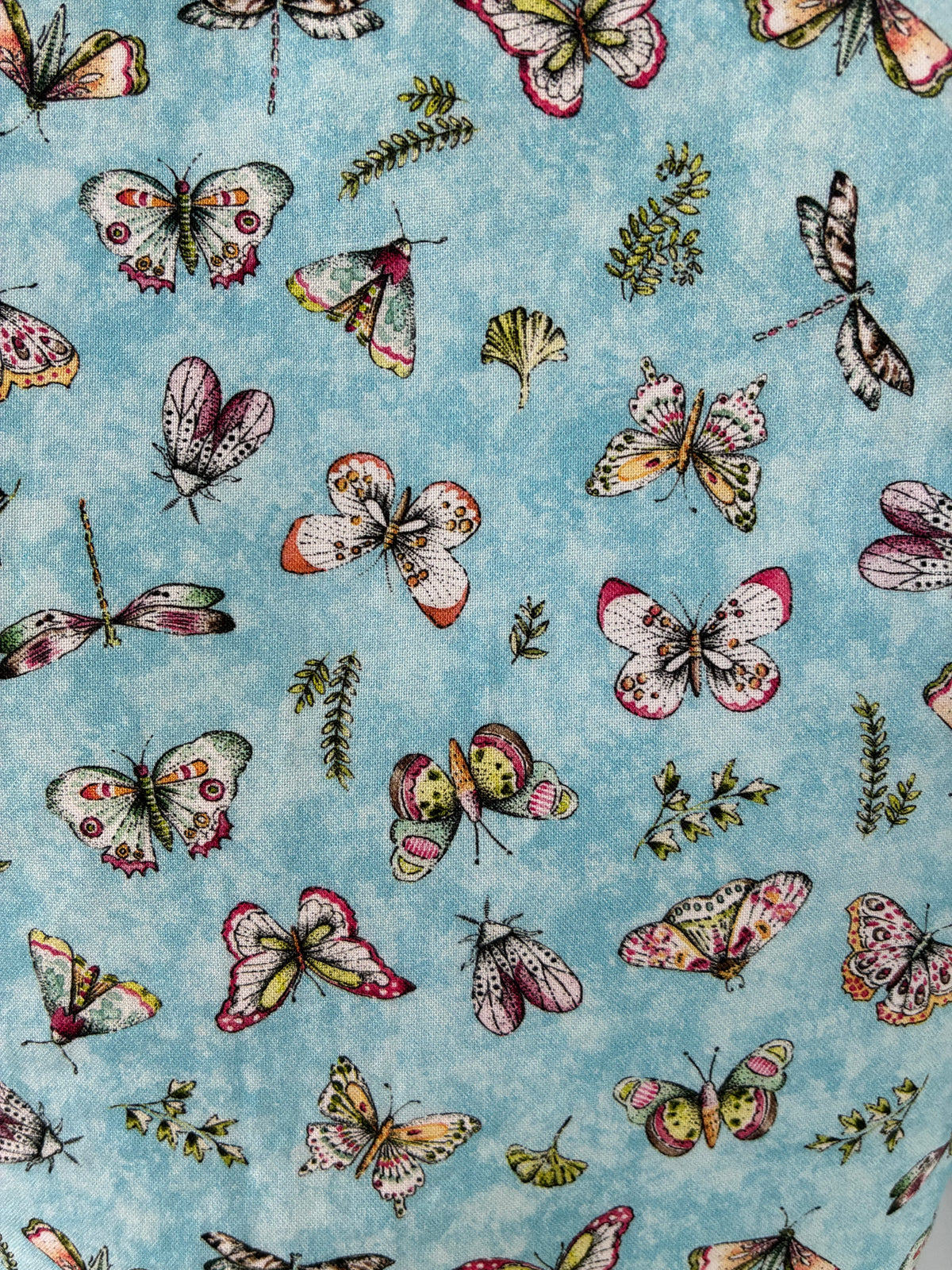 Handmade butterfly print tote bag close-up
