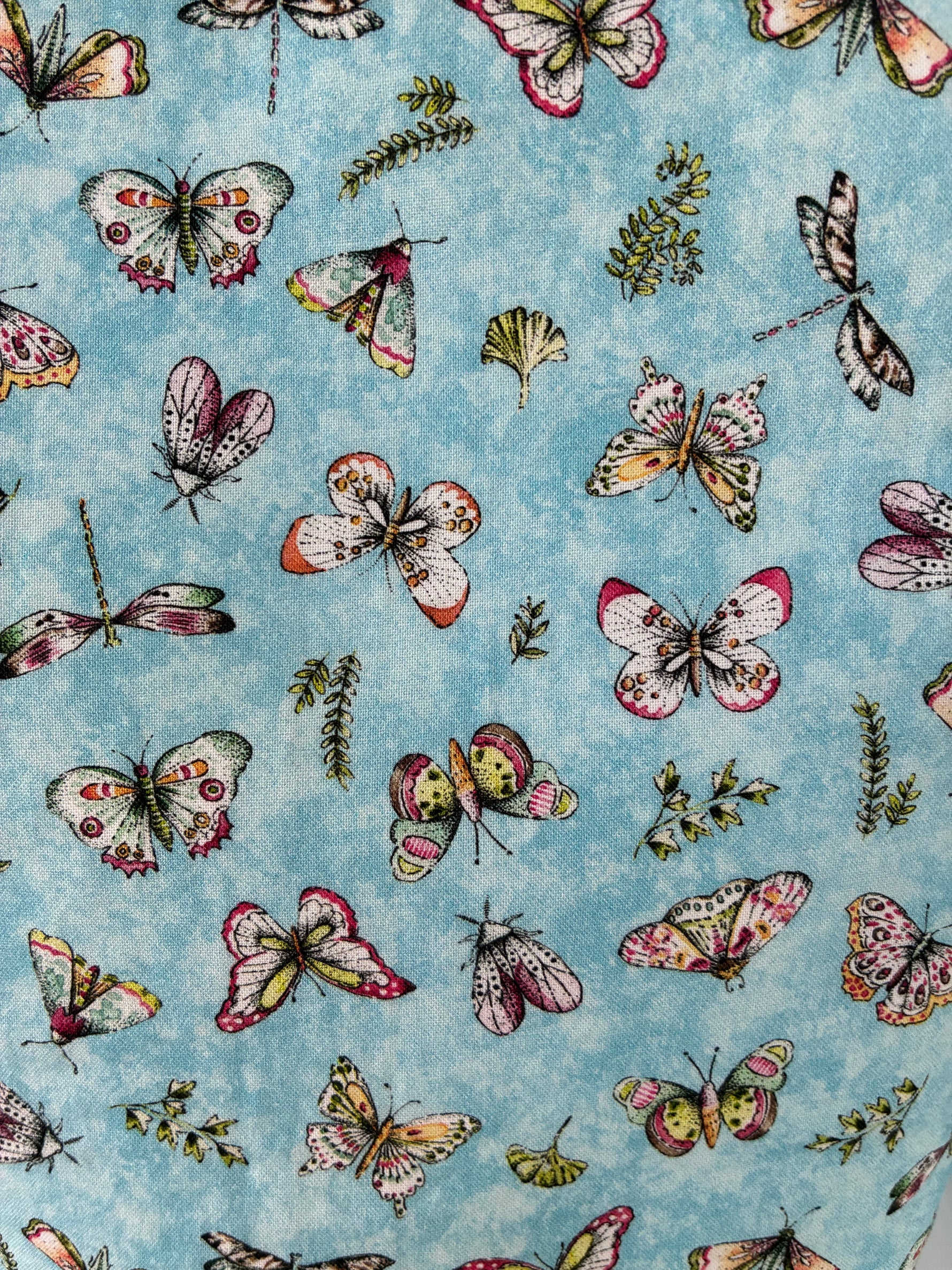 Handmade butterfly print tote bag close-up
