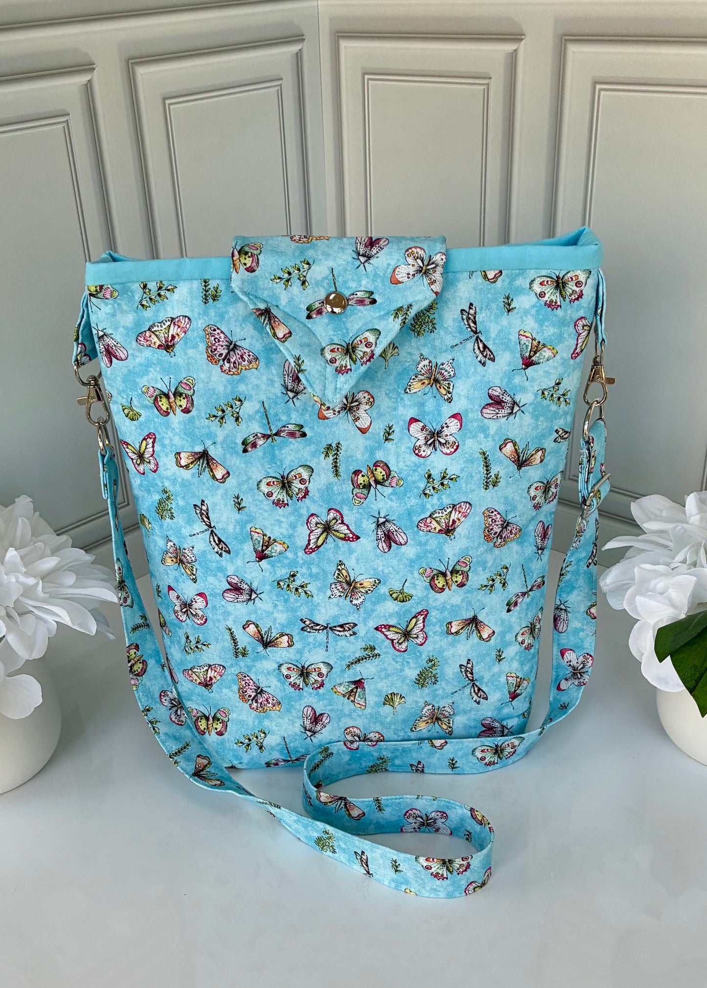 Handmade butterfly print tote bag side view
