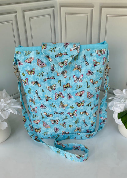 Handmade butterfly print tote bag side view