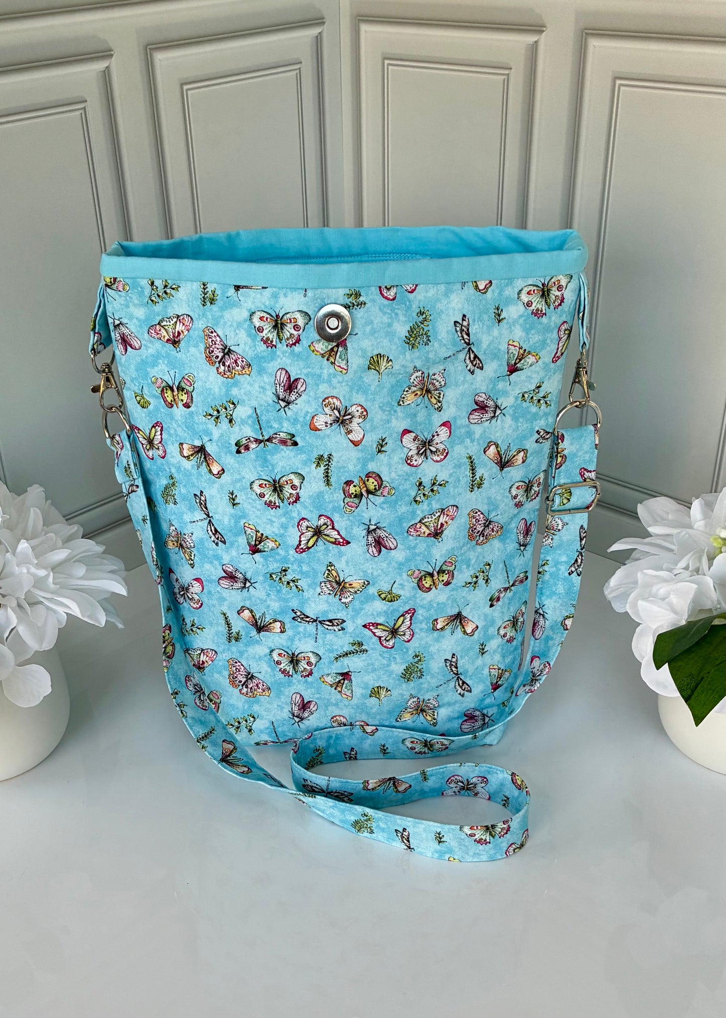 Handmade butterfly print tote bag back view