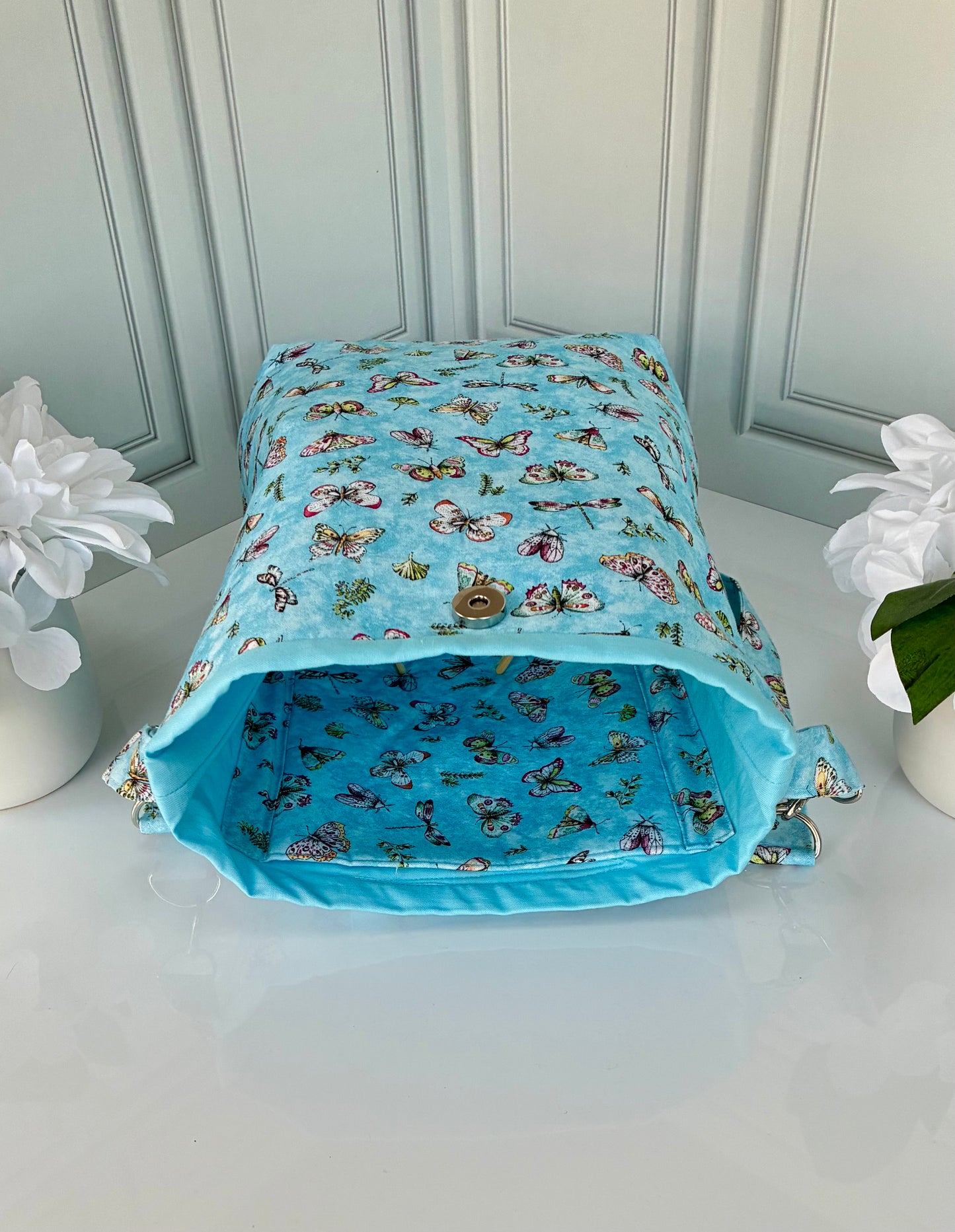 Handmade butterfly print tote bag detail