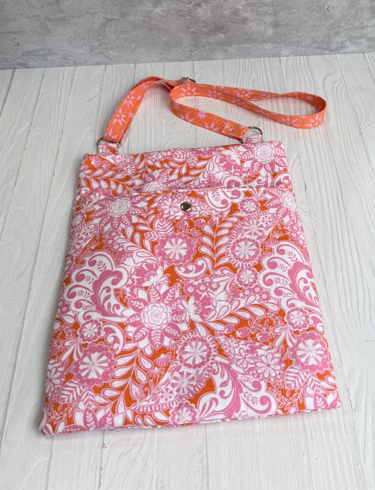 Handmade pink orange floral tote bag side view