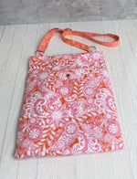 Handmade pink orange floral tote bag side view