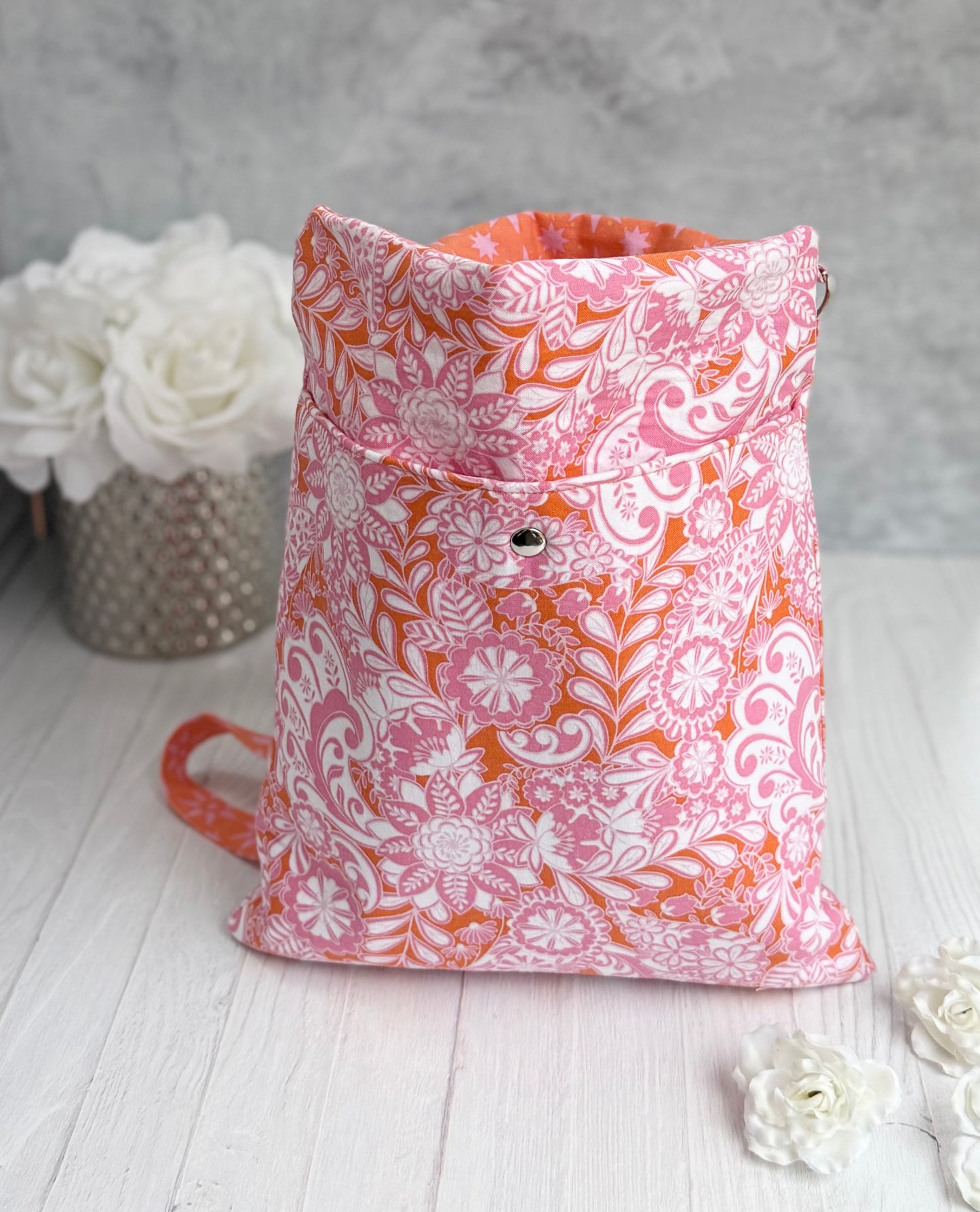 Handmade Cotton Tote Bag in Pink and Orange Floral Print