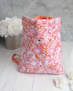 Handmade pink orange floral tote bag back view