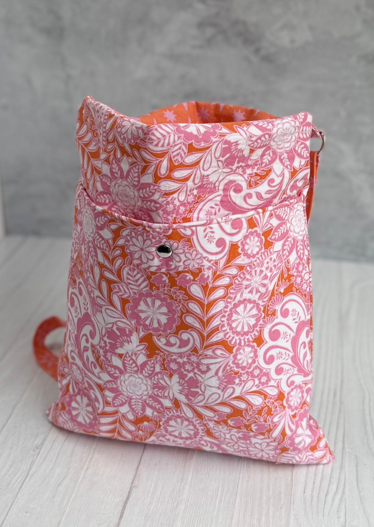 Handmade pink orange floral tote bag detail