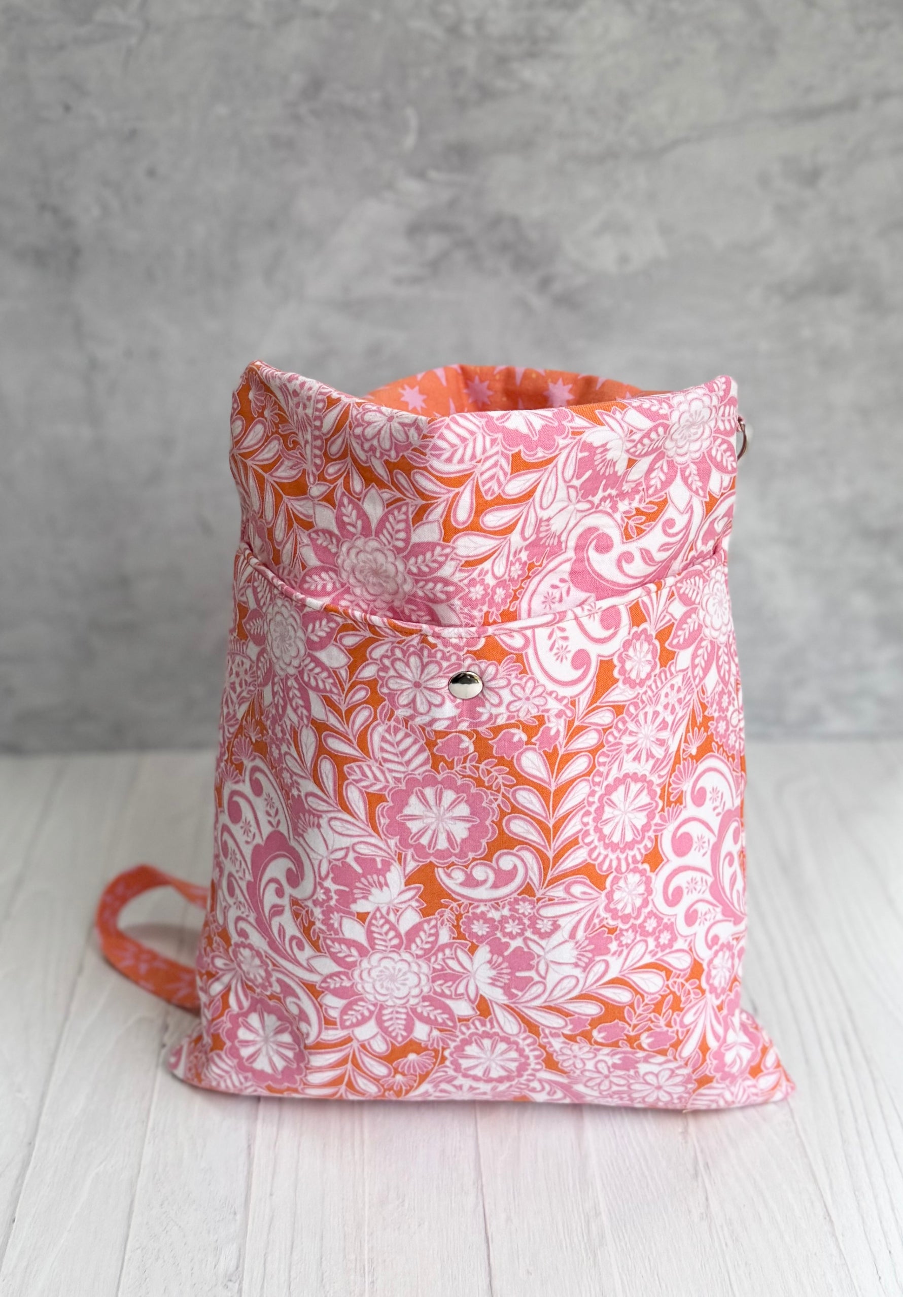 Handmade pink orange floral tote bag interior