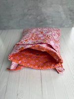 Handmade pink orange floral tote bag close-up
