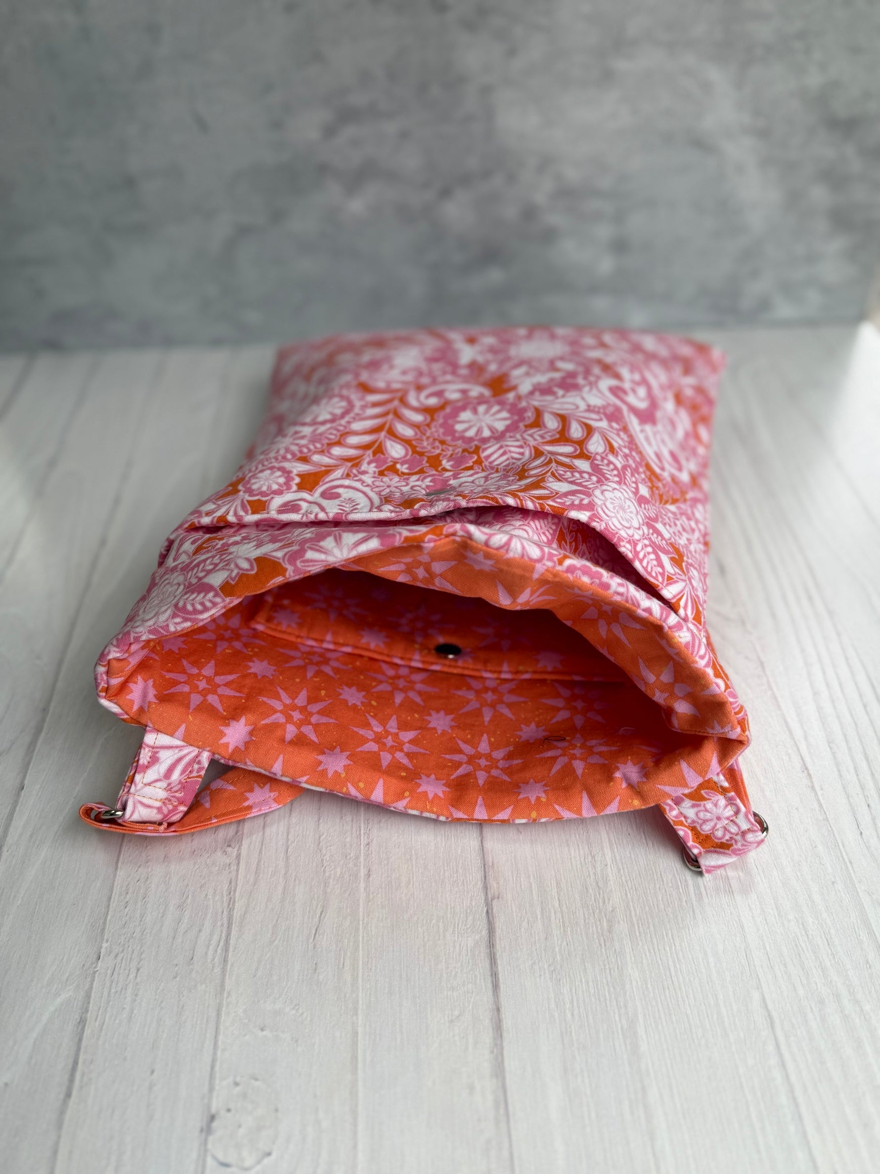 Handmade pink orange floral tote bag close-up